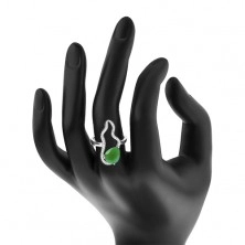 Inel din argint 925 - zirconiu mare verde în formă de lacrimă, contur asimetric transparent