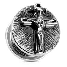 Tunel argintiu pentru ureche, din oţel, femeie pe cruce, patină neagră
