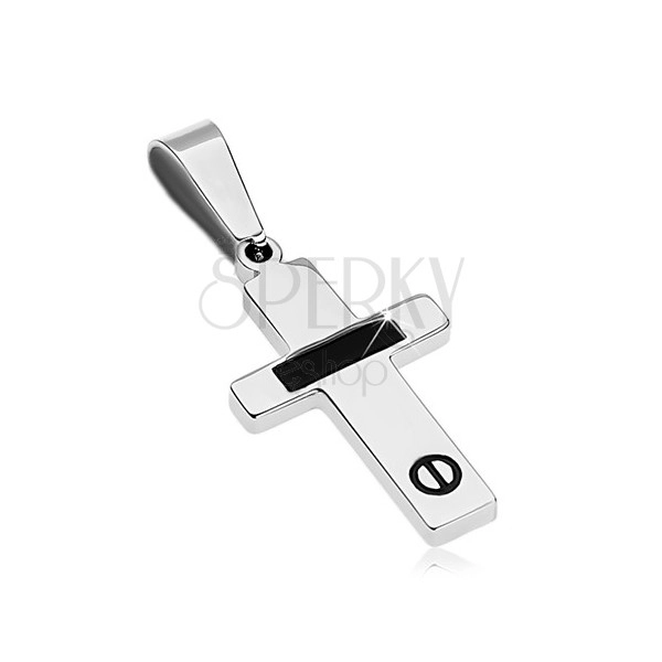 Pandantiv argintiu din oțel - cruce cu bandă neagră și șurub decorativ