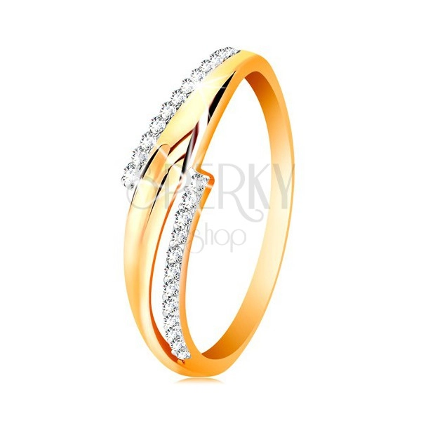 Inel din aur de 14K, brațe ondulate, bicolore, linii cu zirconii transparente