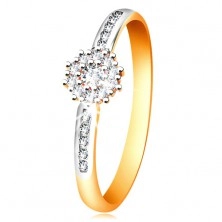 Inel din aur combinat 14K - floare strălucitoare transparentă, brațe cu zirconii
