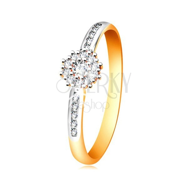 Inel din aur combinat 14K - floare strălucitoare transparentă, brațe cu zirconii