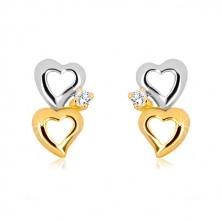 Cercei din aur de 14K - contururi de inimă bicoloră, diamant transparent