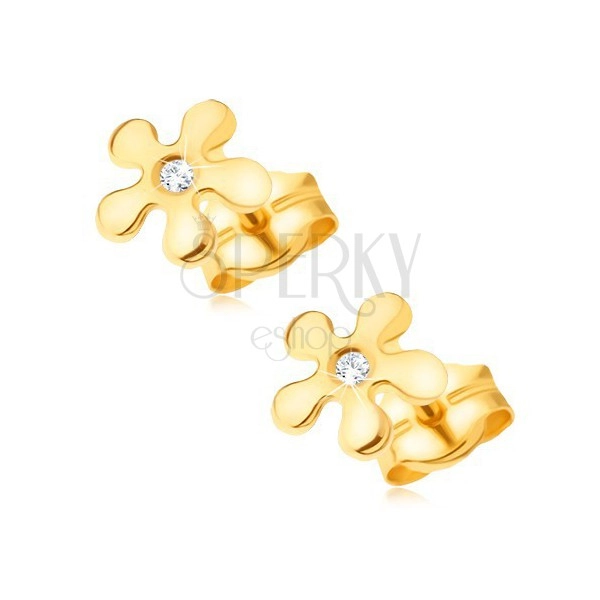 Cercei din aur 585 - floare strălucitoare cu un diamant rotund transparent