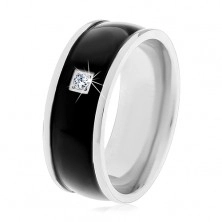 Inel din oțel, bandă lată neagră cu decupaj pătrat și zirconiu transparent, 8 mm