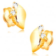 Cercei din aur galben 14K cu diamant - două diamante strălucitoare, frunză lucioasă