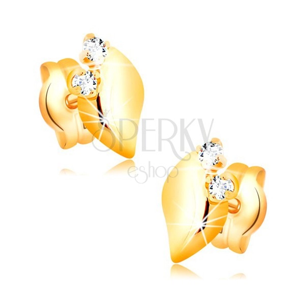 Cercei din aur galben 14K cu diamant - două diamante strălucitoare, frunză lucioasă