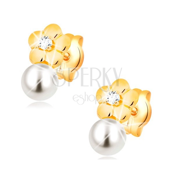 Cercei din aur galben 14K, floare lucioasă cu diamant transparent, perlă albă