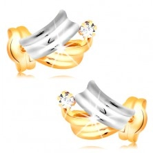 Cercei din aur 14K - arce lucioase bicolore, diamant rotund transparent