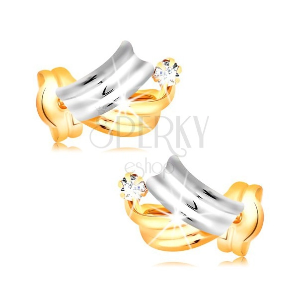 Cercei din aur 14K - arce lucioase bicolore, diamant rotund transparent