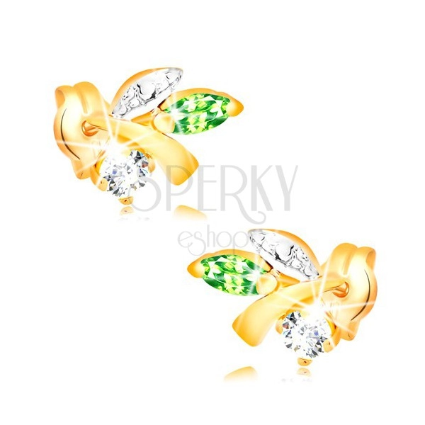 Cercei din aur 585 - ramură cu frunze, smarald verde, diamant transparent