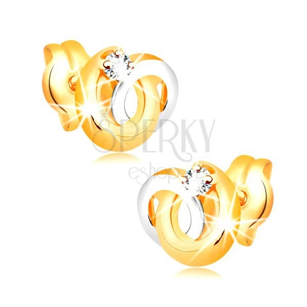 Cercei din aur 14K - bucle bicolore unite, diamant strălucitor transparent