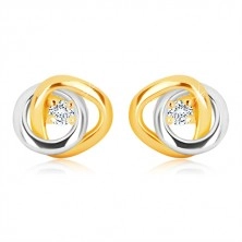 Cercei din aur 14K - bucle bicolore unite, diamant strălucitor transparent