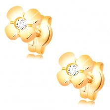 Cercei din aur 585 - floare lucioasă cu un diamant transparent în mijloc