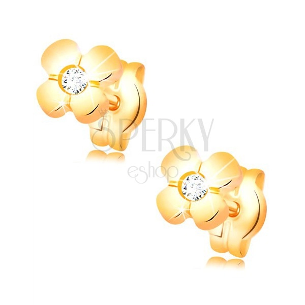 Cercei din aur 585 - floare lucioasă cu un diamant transparent în mijloc