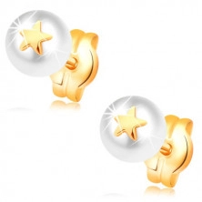 Cercei din aur galben 14K - perlă albă cu stea mică, lucioasă