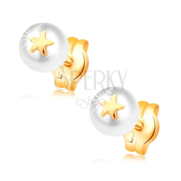 Cercei din aur galben 14K - perlă albă cu stea mică, lucioasă