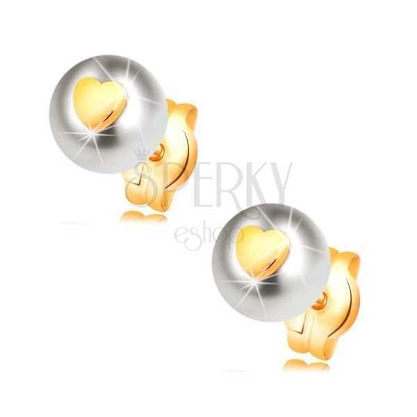 Cercei din aur 585 - perlă albă cu inimă simetrică lucioasă