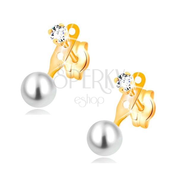 Cercei din aur galben 14K, zirconiu transparent și perlă albă, rotundă