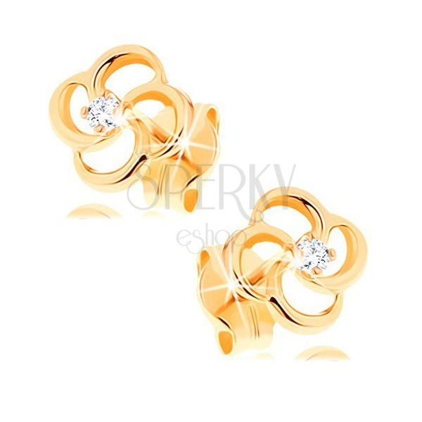 Cercei din aur galben 14K - floare cu un diamant transparent