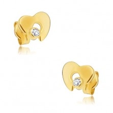 Cercei din aur 585 - inimă lucioasă cu un decupaj și un diamant transparent