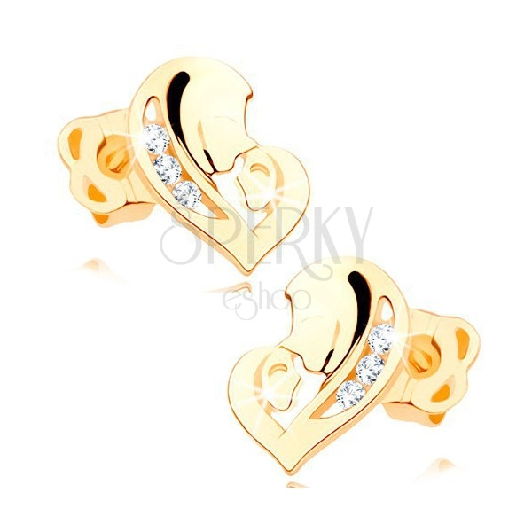 Cercei cu diamante, din aur galben de 14K - inimă compusă din două fețe, diamante transparente 