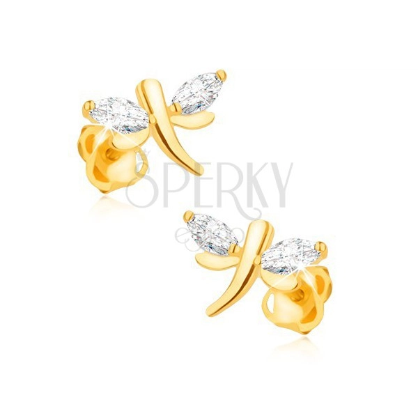 Cercei din aur galben de 14K - libelulă, diamante bobițe pe aripi