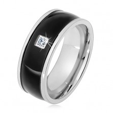 Inel argintiu din oțel, bandă neagră, proeminentă cu zirconiu transparent