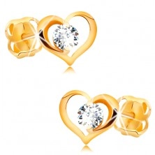 Cercei cu diamant, din aur galben de 14K - diamant transparent în contur de inimă
