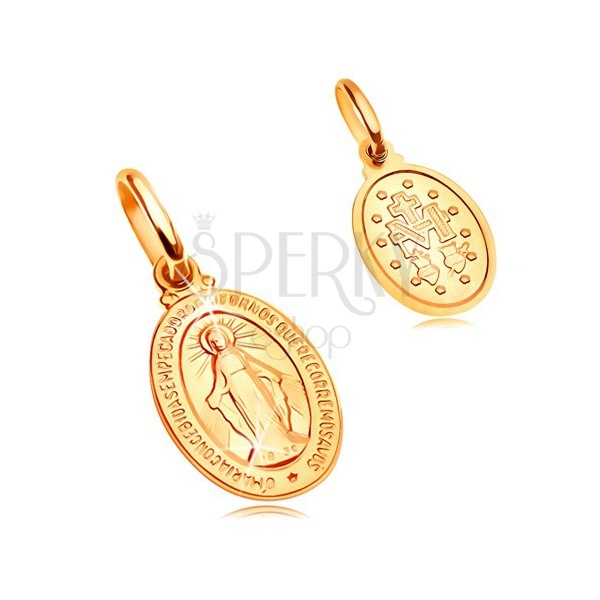 Pandantiv din aur galben  de 14K - plăcuță ovală cu simbol Fecioara Maria