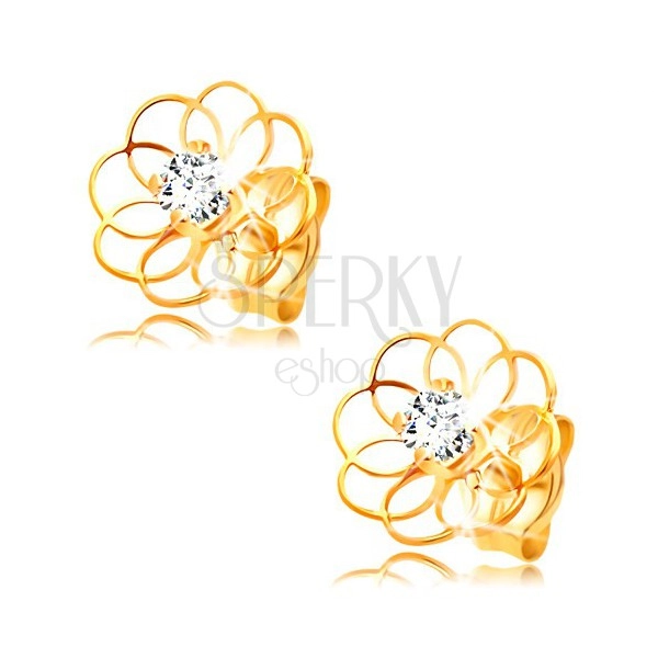 Cercei cu diamant din aur galben de 14K - contur de floare cu diamant