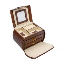 Cutie portabilă pentru bijuterii de culoare maro, detalii metalice aurii, piele sintetică