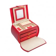 Cutie portabilă pentru bijuterii de culoare roșie, detalii metalice aurii, piele sintetică