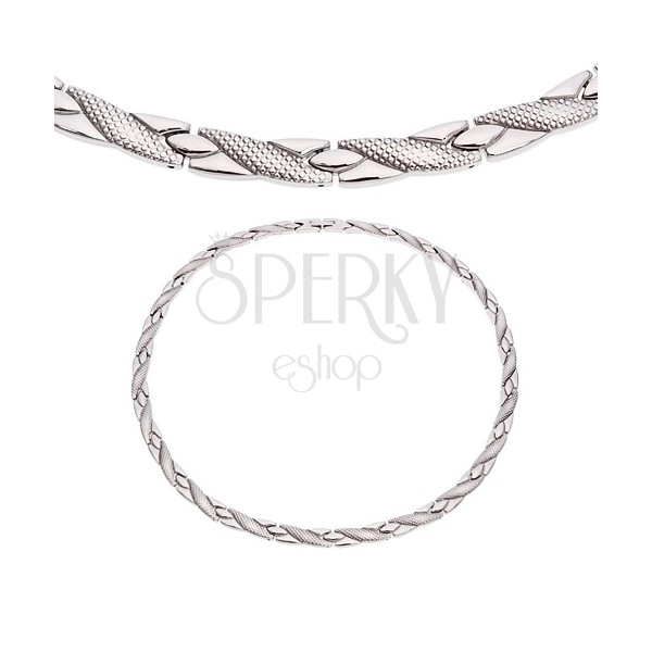 Colier argintiu din oțel, linii oblice cu model șarpe, magneți