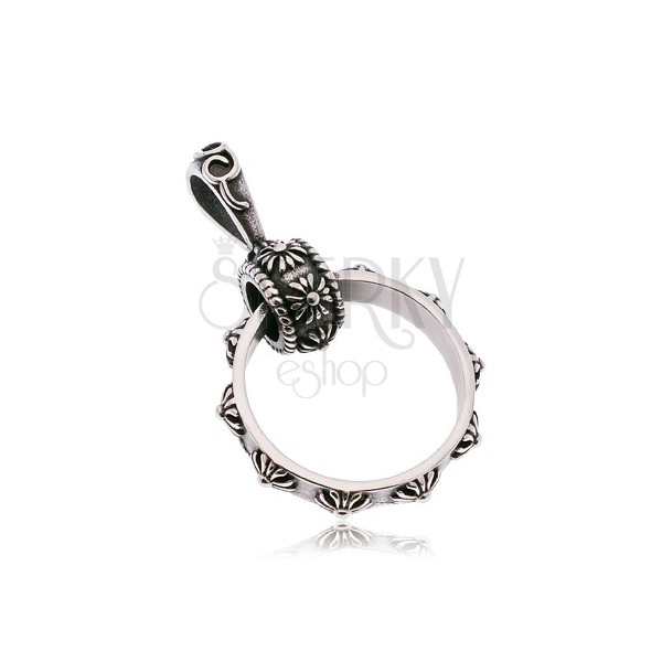 Pandantiv  din oțel 316L, inel mare decorat cu cruci model Floare de crin, patină
