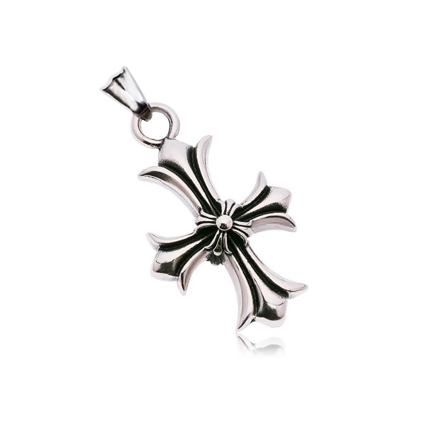 Pandantiv din oțel chirurgical, cruce model Floare de Crin, patină neagră