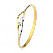 Inel din aur galben și alb de 14K, brațe subțiri, valuri și zirconiu