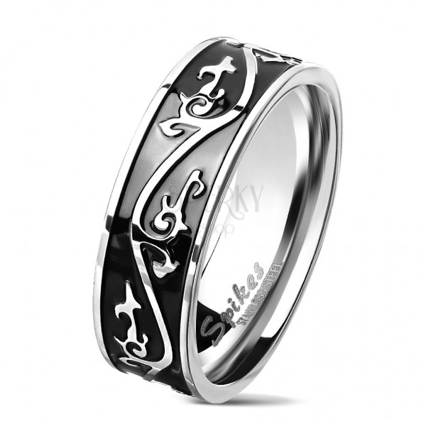 Inel argintiu din oțel chirurgical, bandă neagră decorată cu ornamente, 7 mm