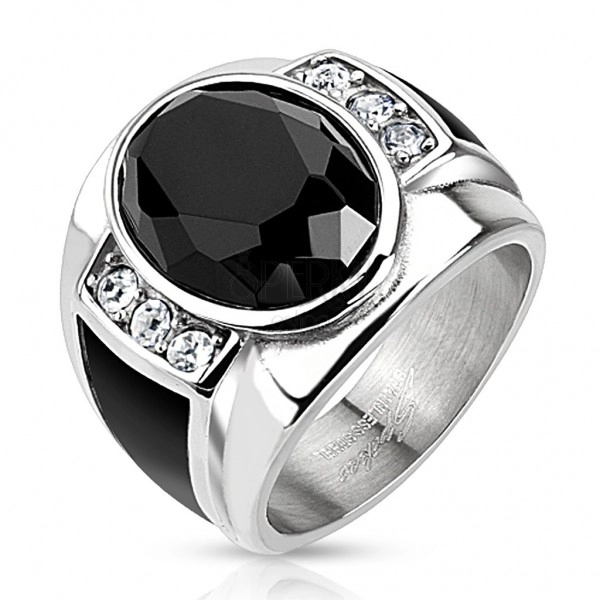 Inel din oțel cu decupaj oval negru, zirconii transparente și dungi negre