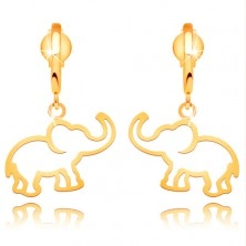 Cercei din aur galben de 14K - contur de elefant atârnat pe arc lucios