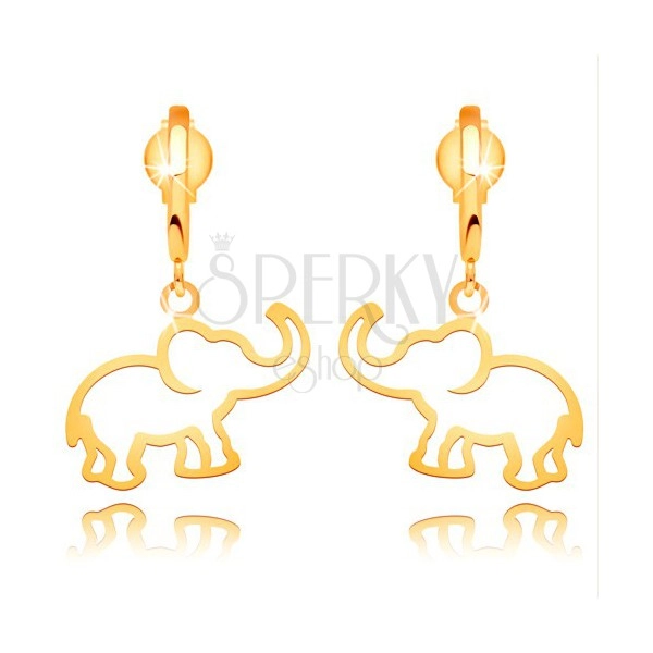 Cercei din aur galben de 14K - contur de elefant atârnat pe arc lucios
