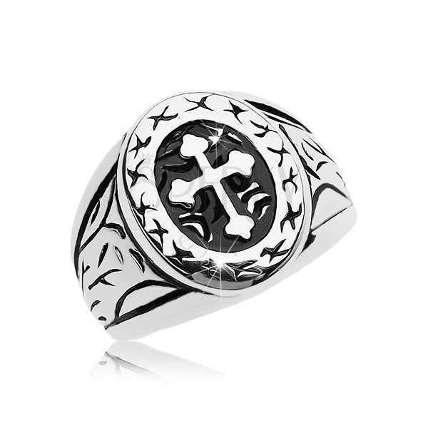 Inel argintiu, oțel chirurgical, oval mare cu cruce în trifoi 