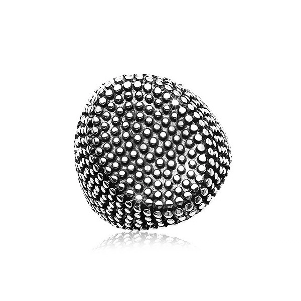 Inel din oțel, oval mare decorat cu puncte mici, proeminente, patină neagră