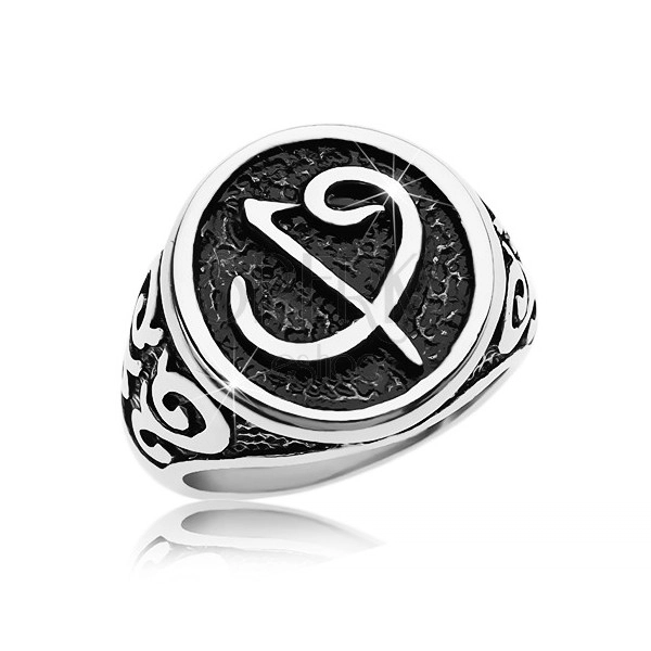 Inel din oțel chiurgical - sigiliu negru cu simbol, ornamente pe brațe