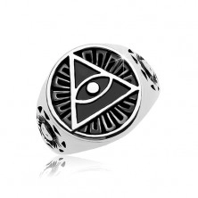 Inel din oțel 316L, cerc negru, patinat și triunghi cu ochi