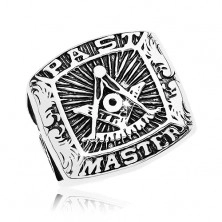 Inel din oțel chirurgical, simbolul Francmasonilor și inscripție, patină neagră