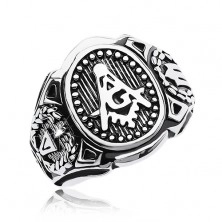 Inel din oțel chirurgical, oval mare și simbolul Francmasonilor