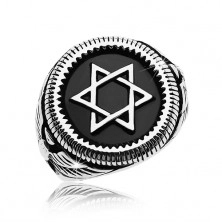 Inel masiv, argintiu, oțel de 316L, Steaua lui David în cerc negru