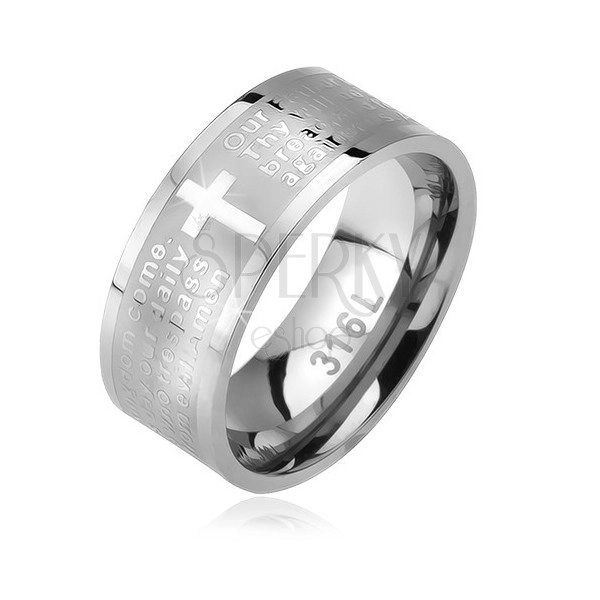 Inel din oțel, bandă mată cu cruce și ”rugăciunea Domnului”, 6 mm