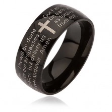 Inel negru din oțel chirurgical, cruce argintie, ”rugăciunea Domnului”, 6 mm